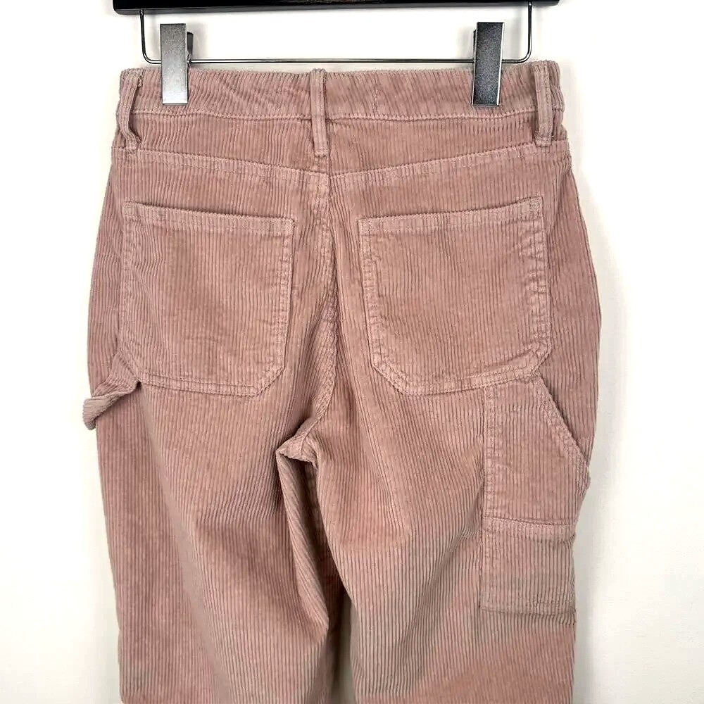 Corduroy Carpenter Pants, Cropped Utility Trousers, Pink Casual Workwear Style